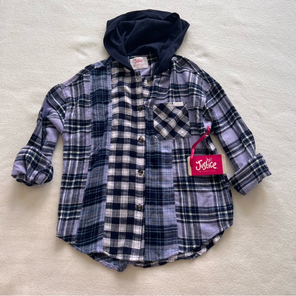 Purple flannel shirt with hood, Justice New with Tags shirt size 10 Medium